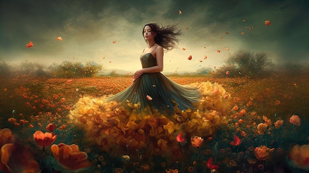 Женщина в поле цветов со словом тюльпаны на нем