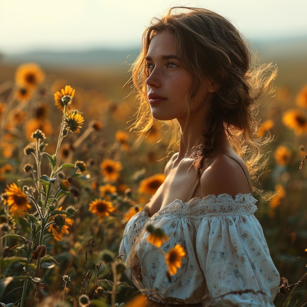 a woman in a field of flowers