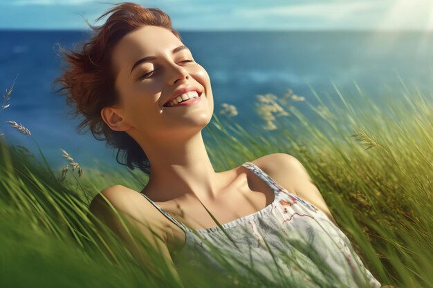 A woman in a field of grass smiling