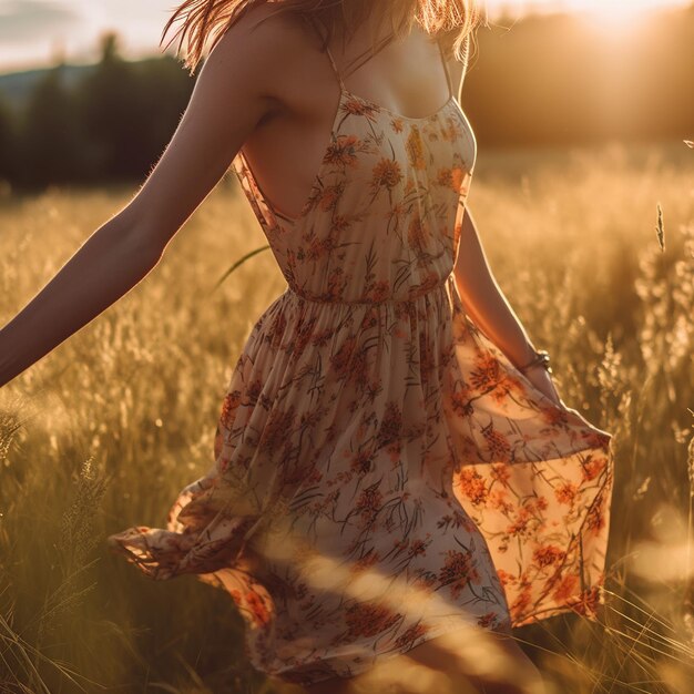 a woman in a field of grass with a floral dress on