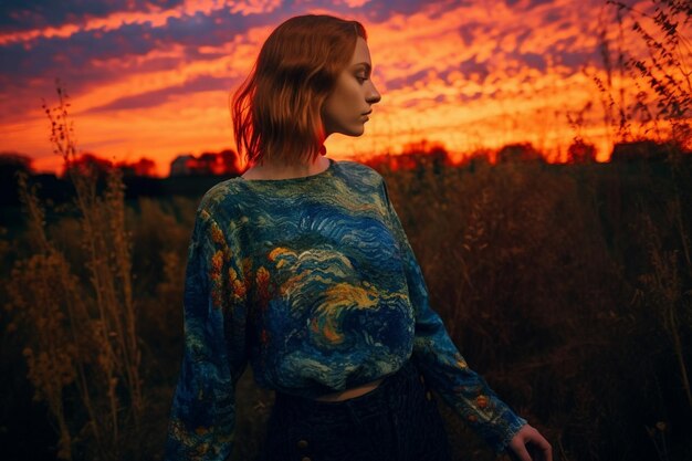 a woman in a field of grass with a sunset in the background.