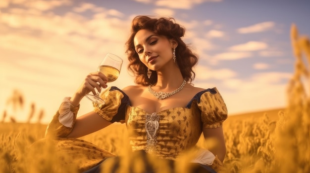 Woman in field holding beer