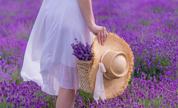 Woman in a field of lavender flowers in a white dress selective\
focus
