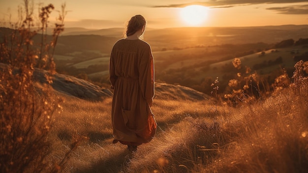 A woman in a field looking at the sunset