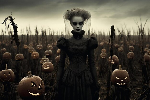 a woman in a field of pumpkins with a knife in her hand.