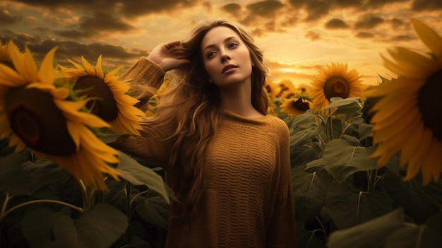 A woman in a field of sunflowers