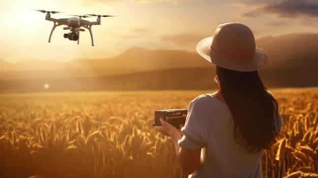 Женщина в поле на закате управляет дроном, который символизирует современные сельскохозяйственные технологии и инновации