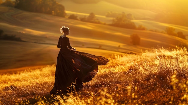 Foto donna in un campo al tramonto