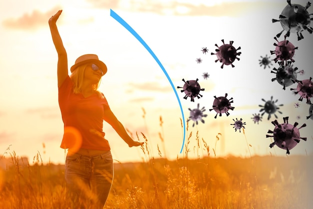 woman in the field, virus protection illustration.