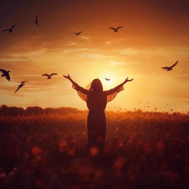A woman in a field with birds flying in the sky
