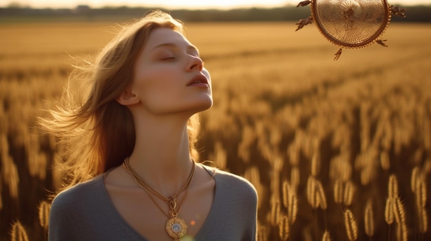 Photo a woman in a field with a necklace that says golden