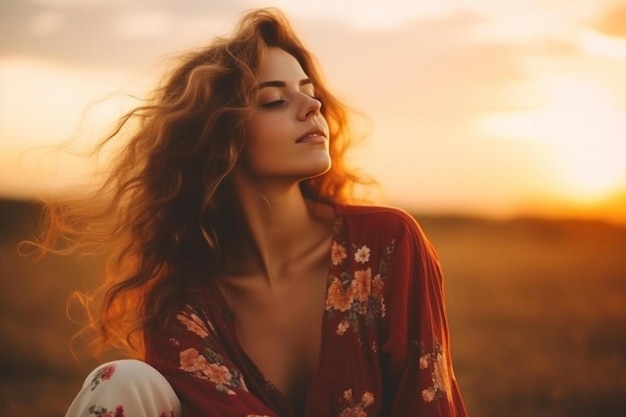 Photo a woman in a field with the sun behind her