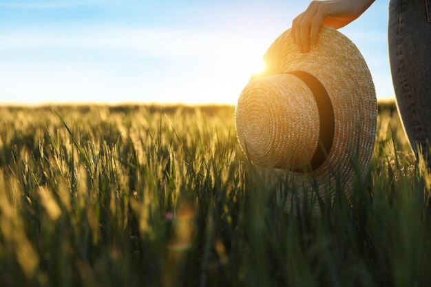 Woman in field with unripe spikes on sunny day closeup