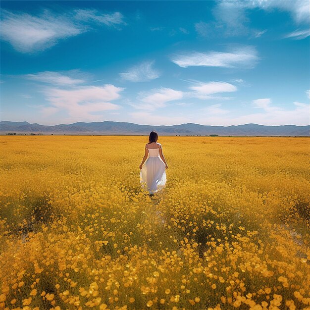 A woman in a field of yellow flowers with mountains in the background