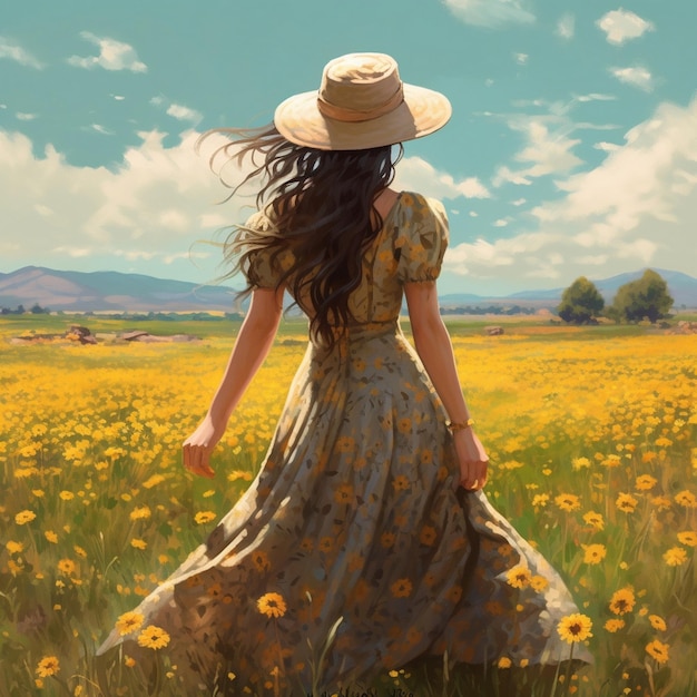 a woman in a field of yellow flowers with a sky background