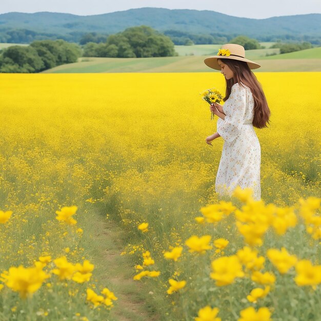 A woman in a field of yellow flowers with a woman holding a flower