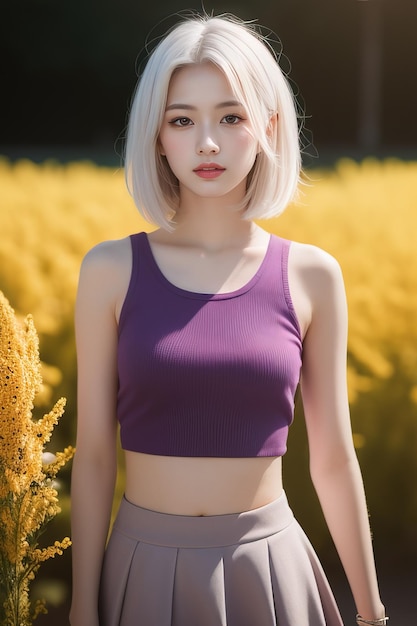 a woman in a field of yellow flowers