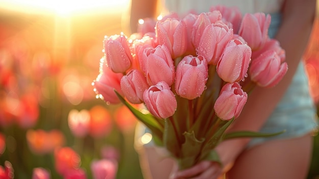 woman in the fields among the tulip fields