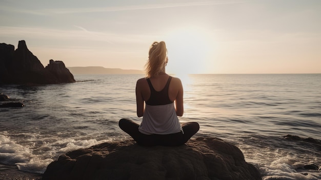 Woman fighting anxiety with yoga near the sea Generative ai