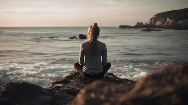 Woman fighting anxiety with yoga near the sea Generative ai