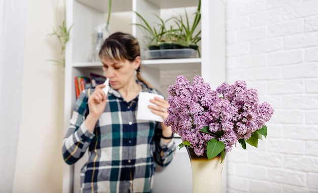 Woman fighting spring allergies allergic woman on spring season