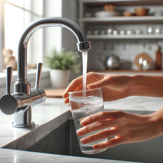 Женщина наполняет стакан водой из крана на белой кухне