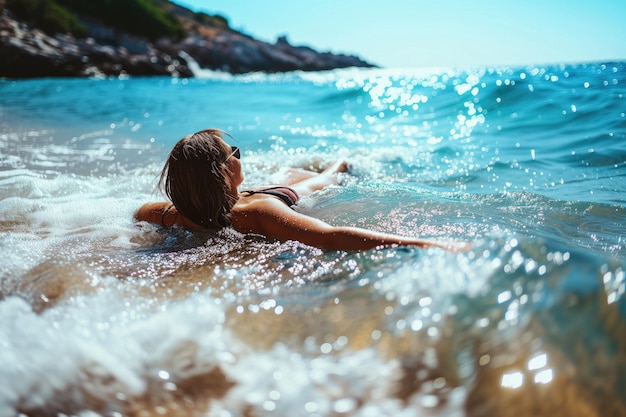 Foto una donna trova gioia nel prendere il sole e rilassarsi sulla spiaggia