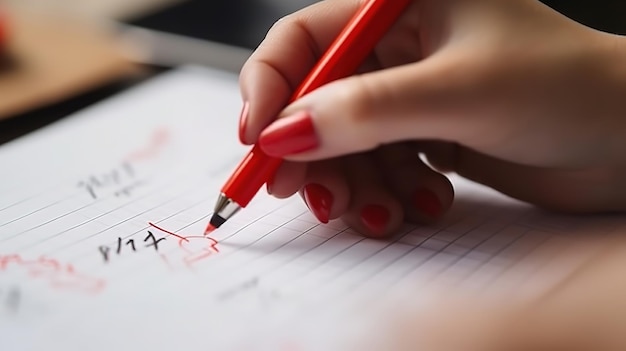 カレンダーに猫の日のリマインダーを書く赤いペンを持つ女性の指ジェネレーティブ Ai