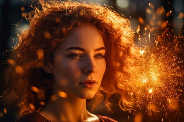 Woman fire sparks portrait A radiant torrid light illuminates the girls face Generate AI