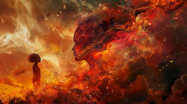 a woman in a fire with a face on it
