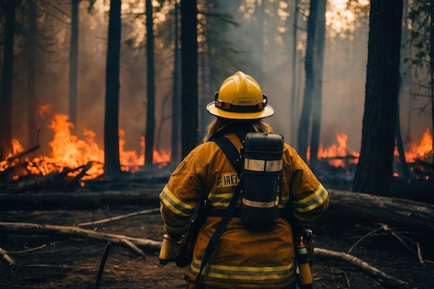 Женщина-пожарный в горящем лесу Спасатель в желтом шлеме сильная женщина пламя на заднем плане