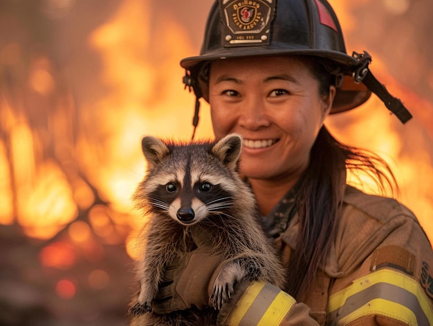 Woman in a Firefighters Uniform Holding a Raccoon