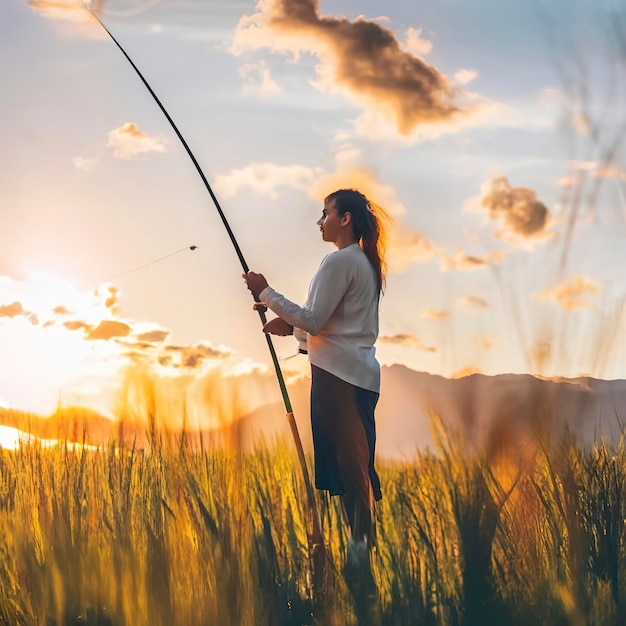 Woman fishing on Fishing rod spinning at sunset background