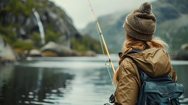 A woman fishing a lake behind mountain walls