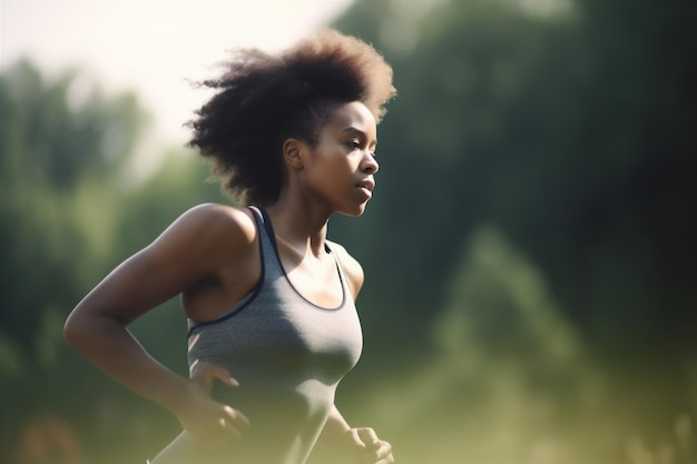 Женщина фитнес бег стройная спортсменка афроамериканка девушка тренировочный парк упражнения спорт Generative AI
