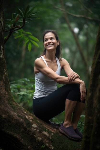 woman fitness and yoga stretch in nature with smile for wellness sports or training created with generative ai