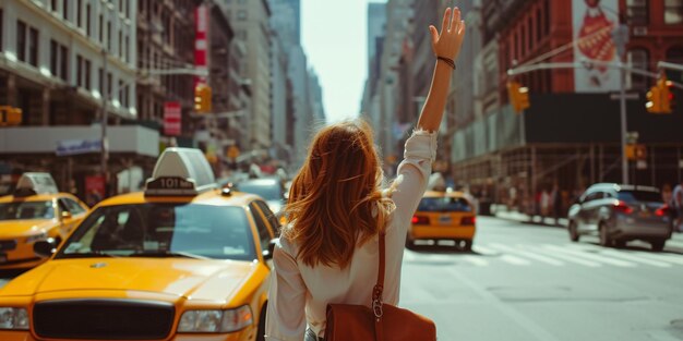 Photo woman flagging down a cab on urban pavement