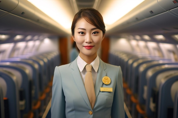A woman in a flight attendant uniform stands in an airplane