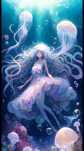 Woman floating in the ocean surrounded by jellys generative ai