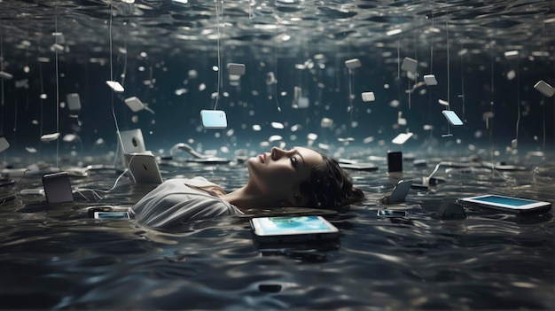 a woman floating in a pool of water with a lot of electronic devices