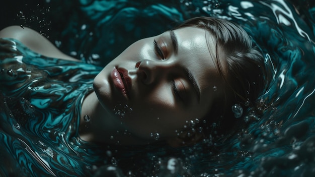 A woman floating in a pool of water with the words'the water is blue '