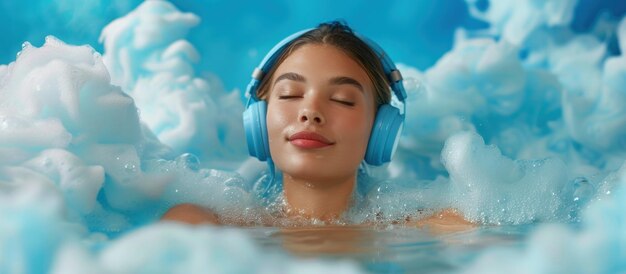 Foto donna che galleggia in piscina con le cuffie