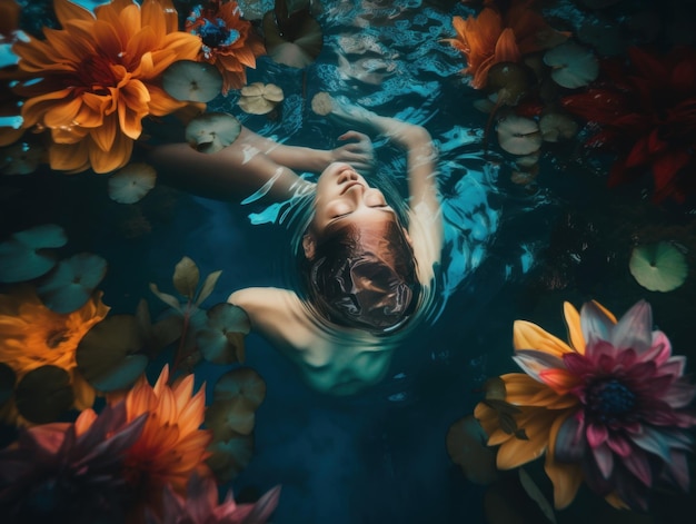 Foto una donna che galleggia nell'acqua circondata da fiori immagine generativa ai