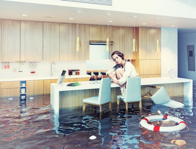 Woman in flooded kitchen interior