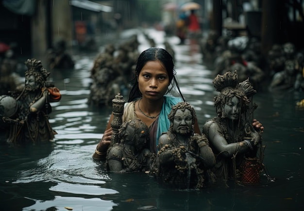 Photo a woman in a flooded neighborhood holds onto utensili mudbags in the style of sumatraism