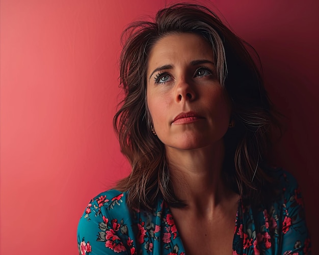 A woman in a floral dress against a pink wall