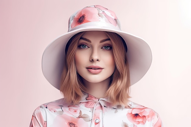 A woman in a floral dress and hat