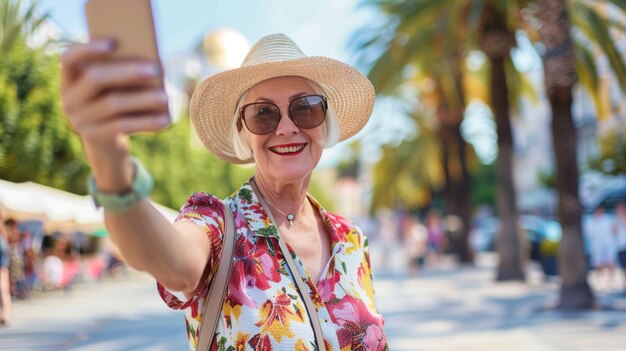 A woman in a floral dress is taking a selfie with her cell phone