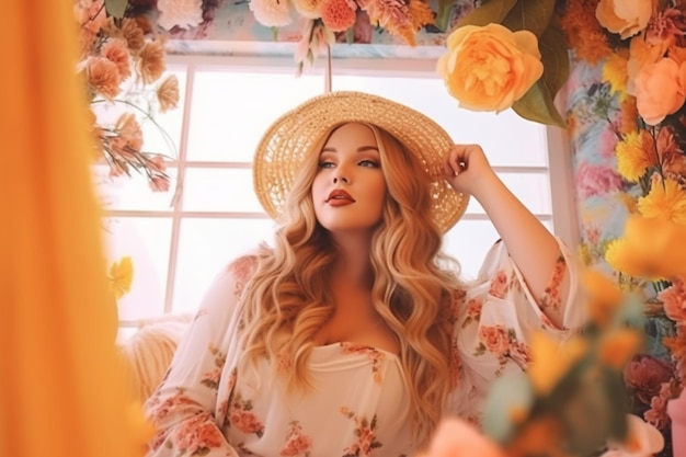 A woman in a floral dress sits in front of a window with a flower arrangement