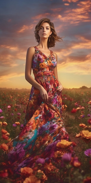 A woman in a floral dress stands in a field of flowers.